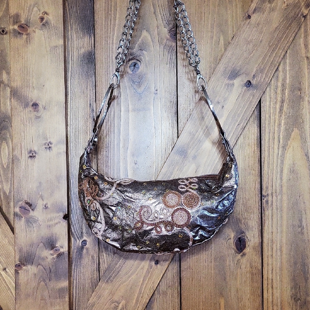 Elegant Brown Patterned  Metalic Women's Bag